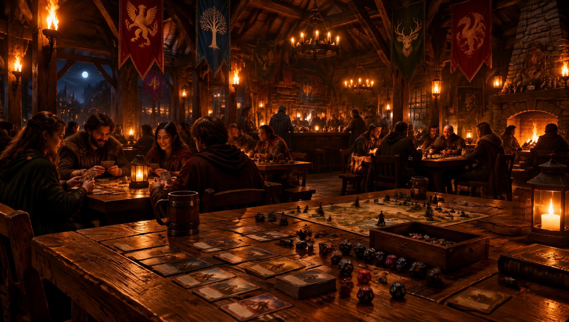 Interior de una taberna fantástica iluminada por antorchas, con mesas llenas de cartas y dados