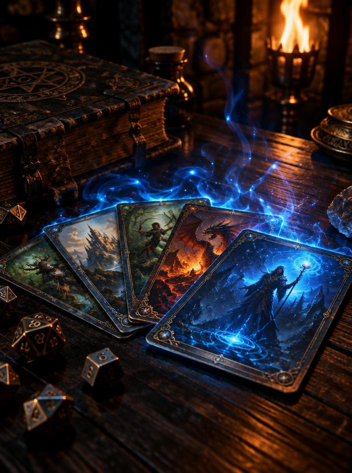 Cartas de Magic con brillo arcano sobre madera de roble